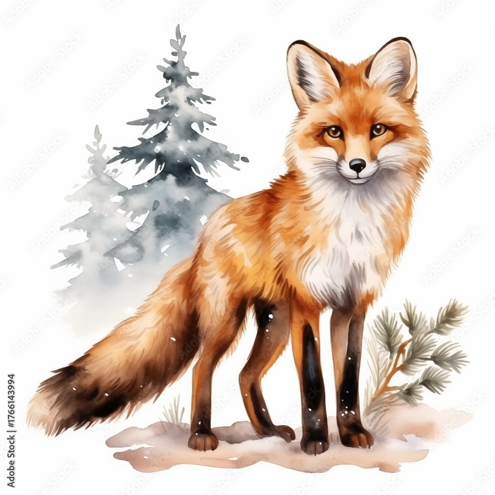 Obraz premium A red fox standing in a snowy winter scene with pine trees