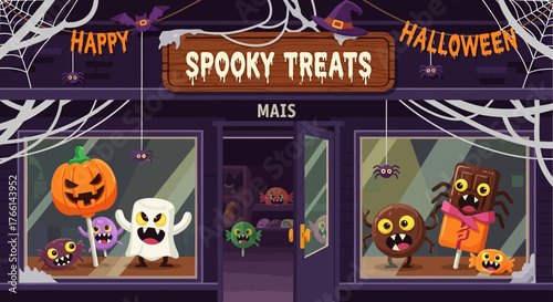 spooky treats shop with halloween decorations and candy monsters for trick or treat promotions creating a playful and festive storefront ambiance.