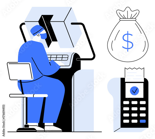 Bank employee operates ATM while a cash bag and receipt from a payment terminal symbolize transactions. Ideal for finance, banking, payroll, technology, retail, security, digital payments. Simple