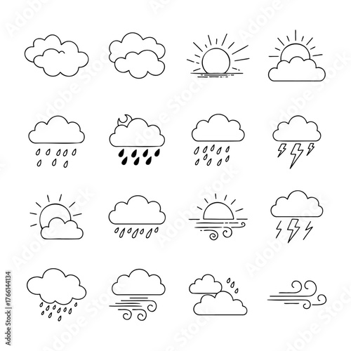 Hand Drawn Doodle Outline Weather Icons Set for Forecast App