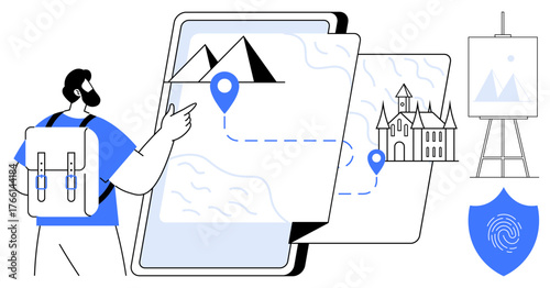 Hiker with backpack interacting with map on tablet featuring landmarks, secure fingerprint icon, and canvas painting. Ideal for travel, security, exploration, navigation, tourism, digital tools
