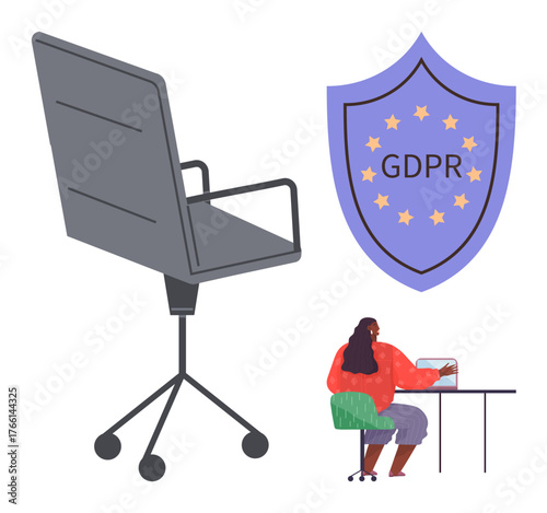Office chair beside GDPR compliance badge and employee focused on laptop at desk. Ideal for privacy, data protection, workspace, compliance, regulations, office culture, security. Simple flat