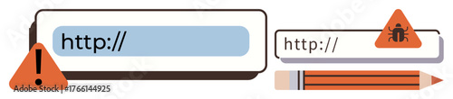 Address bar with error warnings, bug icon, and pencil suggesting editing or debugging steps. Ideal for cybersecurity, debugging, analysis, web coding, internet issues, error handling simple flat
