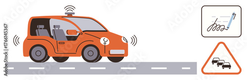 Orange self-driving car with sensors, road markings, hazard sign, and electronic signature icon. Ideal for smart transportation, safety, technology, automation, mobility communication simple flat