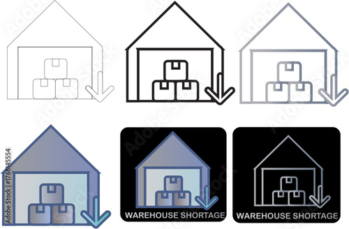 Vector icon set depicting warehouse inventory shortage with minimalist flat design for supply chain management and logistics graphics