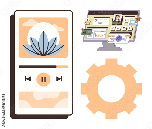 Mobile app with lotus graphic and audio controls, computer screen showing digital tools, and settings gear. Ideal for meditation, productivity, relaxation, digital tools, wellness, mindfulness