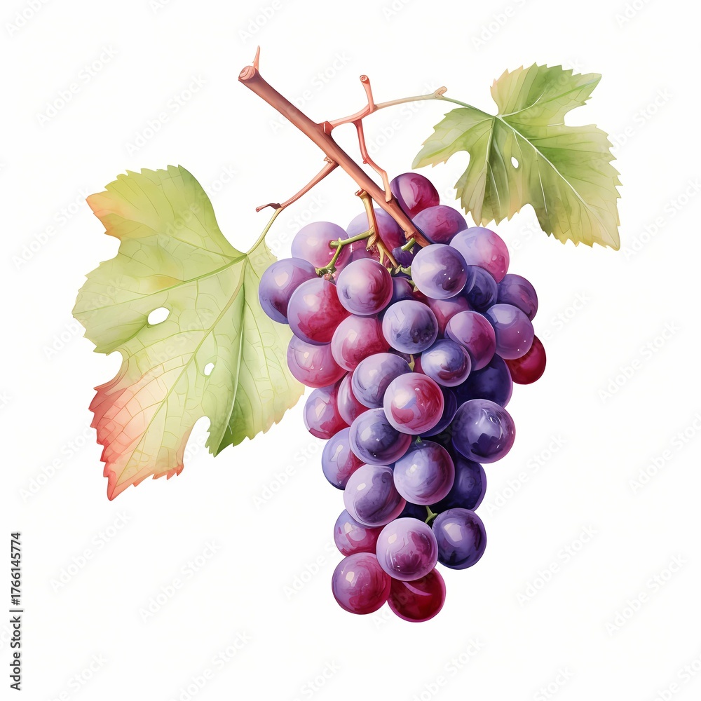 Fototapeta premium Bunch of red and purple grapes with green leaves