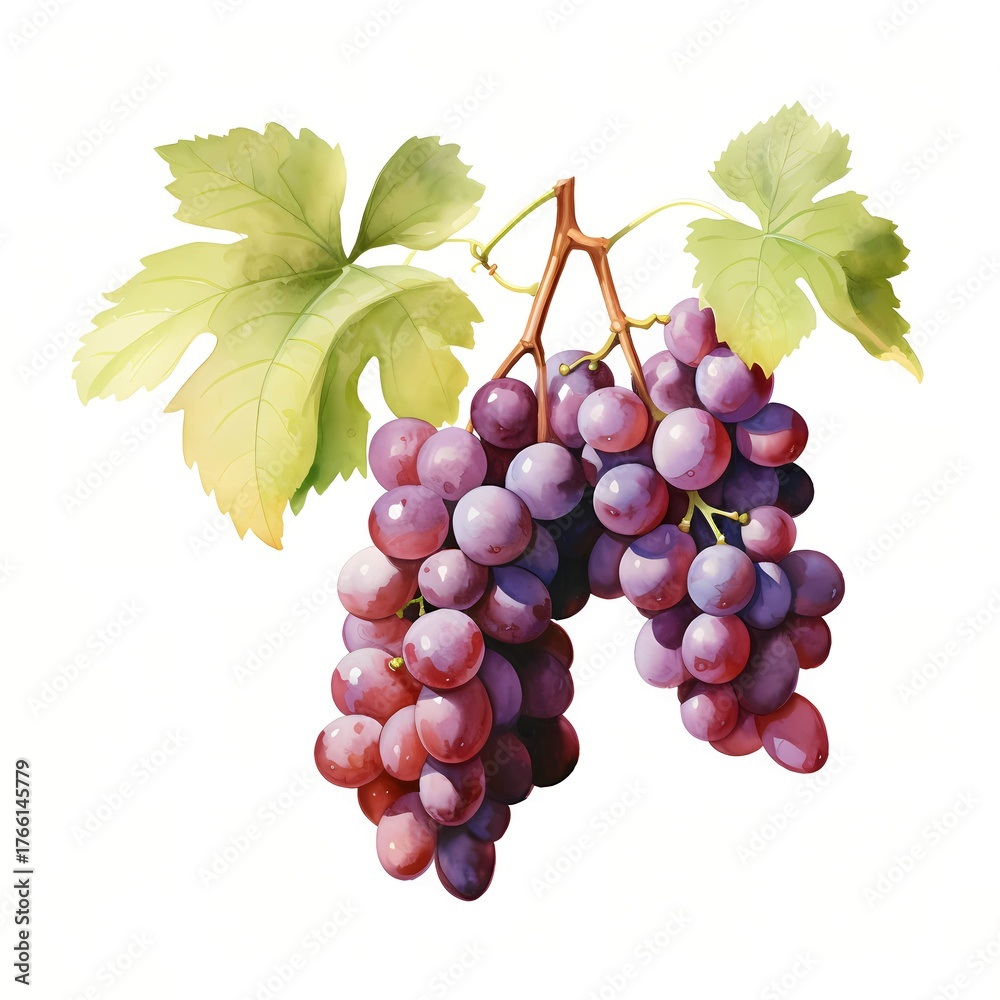 Fototapeta premium Two bunches of red grapes hanging from a vine with green leaves