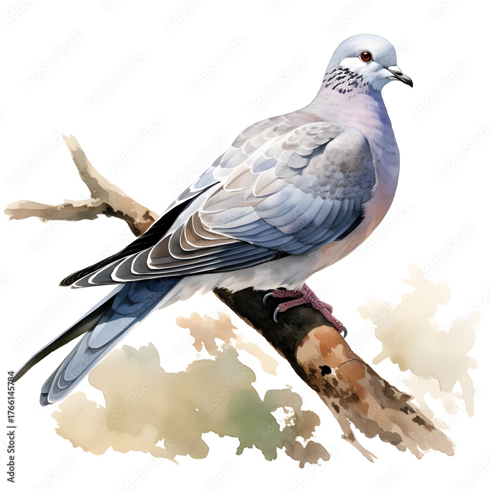 Fototapeta premium Collared dove perched on a branch, watercolor illustration