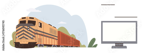 Freight train carrying cargo passes through greenery, next to a computer monitor. Ideal for logistics, transportation, technology, data tracking, supply chain, infrastructure eco-transport. Simple