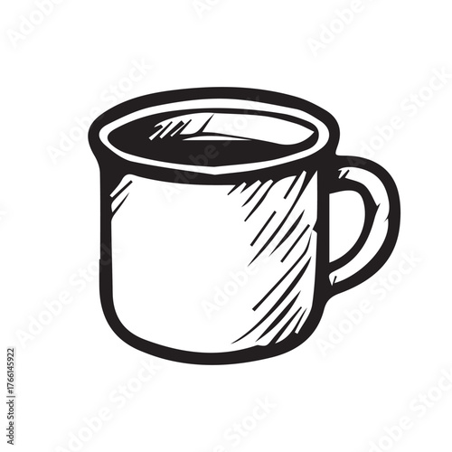 A minimalist black and white vector illustration of a camping mug, featuring clean outlines and simple details that evoke outdoor adventure and rustic charm.