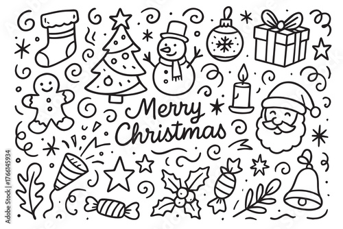 Minimalist black and white vector background filled with tiny Christmas icons bells, stars, snowflakes, and trees forming a charming festive pattern for seasonal designs.