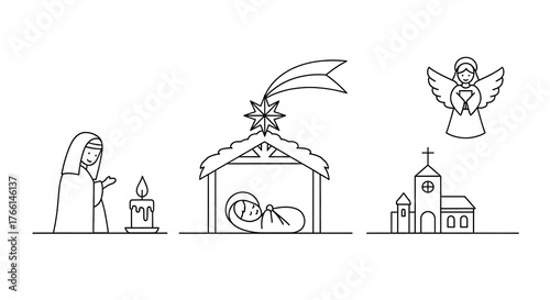 simple nativity scene christmas religious symbols line art illustration