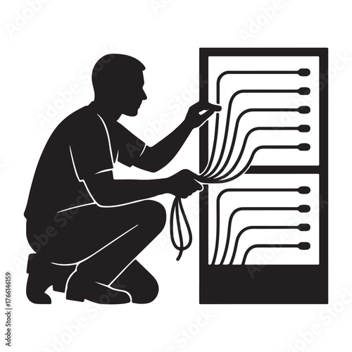 Silhouette of a technician connecting cables to a server rack isolated on white background