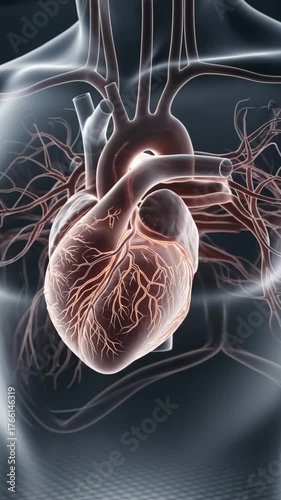 Anatomical heart illustration showcasing the cardiovascular system and blood vessels in a detailed medical visualization for educational purposes