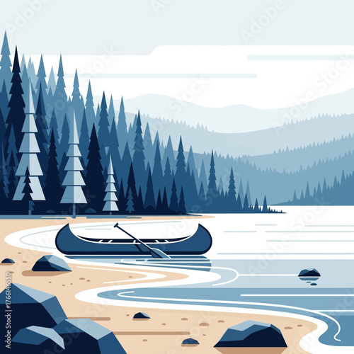 A serene landscape featuring a canoe on a sandy beach, with a backdrop of dense pine trees and distant mountains under a cloudy sky.