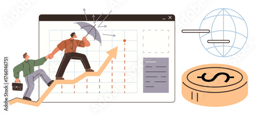 Two professionals climb a graph s upward arrow while shielding risks with an umbrella, alongside a globe and a coin. Ideal for teamwork, financial strategy, growth, risk management, economic trends