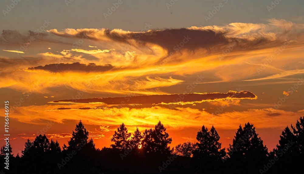 Fototapeta premium Vibrant Sunset Sky Over Silhouetted Pine Trees With Wispy Clouds And Golden Light