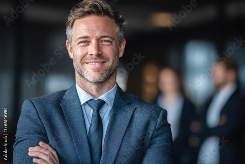 Confident businessman smiling in office with blurred team in background