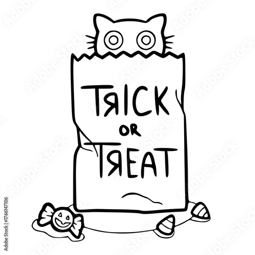 cute cat in trick or treat bag - Halloween line art