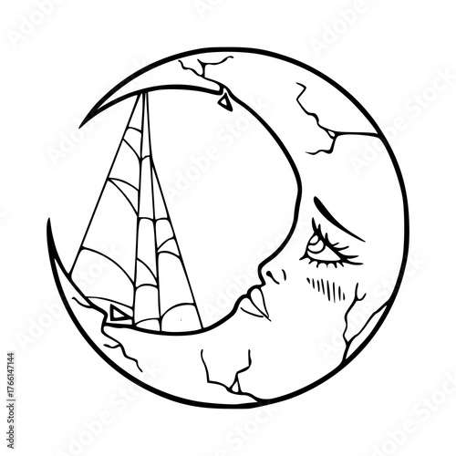 Halloween themed moon face with cracks and spiderweb