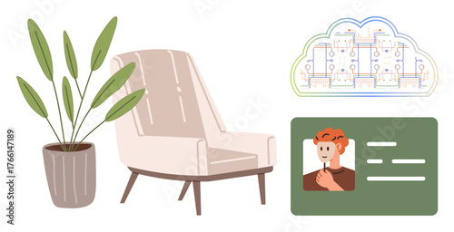 Armchair near a potted plant, technological cloud diagram, and ID card featuring a person. Ideal for identity, home decor, technology, digital access, comfort security modern design. A simple flat