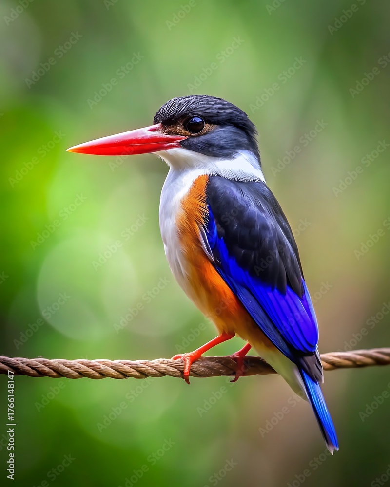 Fototapeta premium Blackcapped kingfisher perched on a rope with blurred green background
