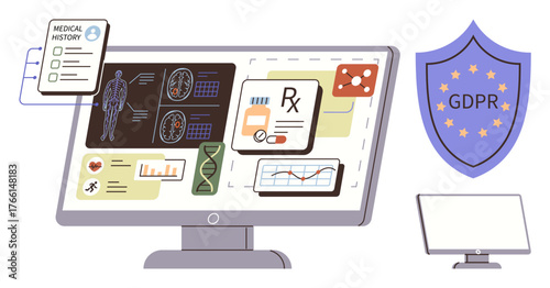 Medical data display on computer, including patient records, genetics, diagnostic images, charts, and molecules. Ideal for healthcare, privacy, regulation innovation compliance data security