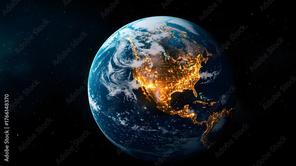 Obraz premium The image showcases a detailed, illuminated view of Earth, primarily focusing on North America and revealing its city lights from space.