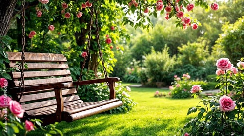 Wooden Swing Surrounded by Lush Pink Roses