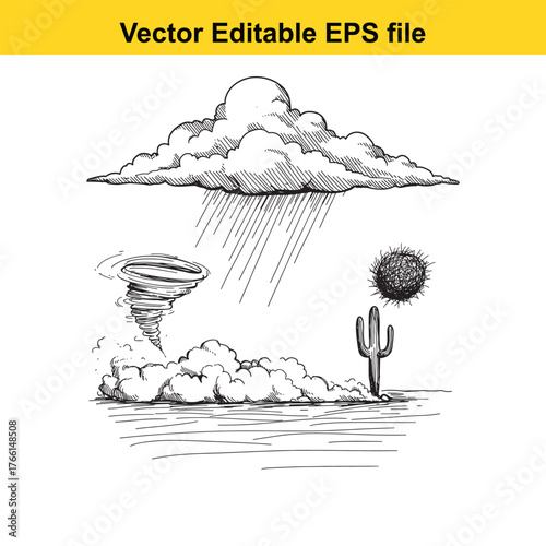 Vector art of handdrawn sketch of desert storm elements including rain clouds, tornado, and cactus