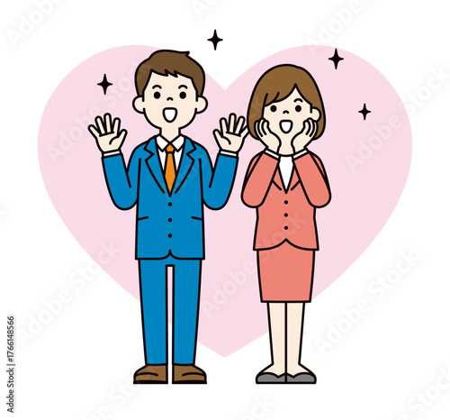 サプライズに喜ぶ、若い会社員の男性と女性の全身ベクターイラスト素材セット＿カラー