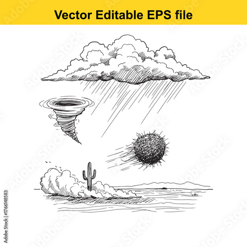 Vector art of handdrawn sketch of natural disasters including a tornado, heavy rain, a meteor, and a dust storm with a cactus in a desert landscape