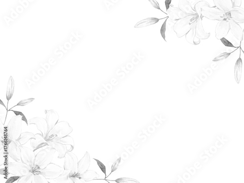 ユリの花のフレーム　モノクロイラスト