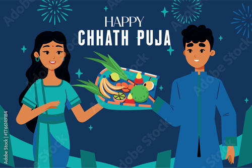 Happy Chhath Puja celebration vector showing a couple holding a tray of prasad and offerings. The dark blue background features fireworks and sparkling lights, suggesting a night event.
