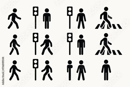 Collection of pedestrian crossing and traffic signal icons for safety and navigation