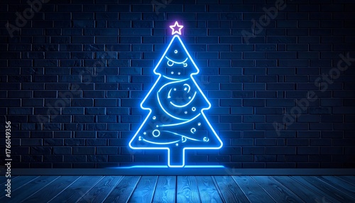 Fototapeta Naklejka Na Ścianę i Meble -  Neon Christmas tree graphic on brick wall