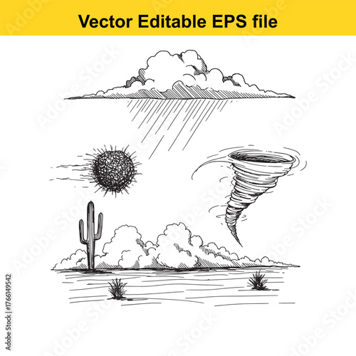 Vector art of handdrawn sketch of desert storm elements including rain clouds, tornado, and cactus