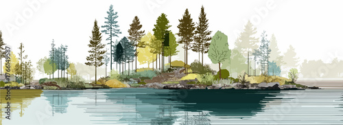 Un sereno paesaggio lacustre stilizzato, con una fitta vegetazione arborea che si specchia nell'acqua calma, evocando tranquillità naturale.