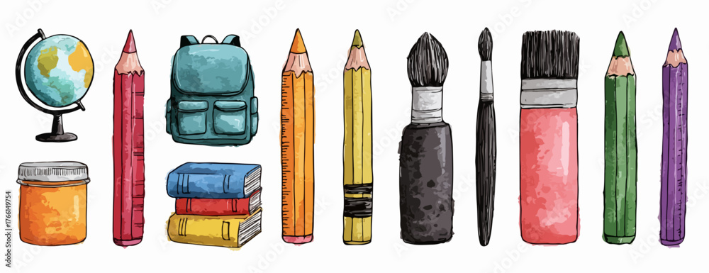 Obraz premium Una collezione di strumenti scolastici e artistici, inclusi matite, pennelli e libri, illustrata con vivaci acquerelli, che evoca creatività e apprendimento.