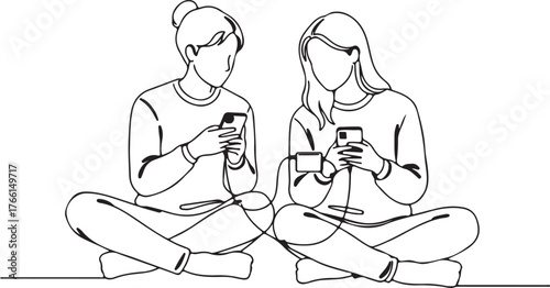 Two young individuals sitting and connecting their smartphones with a cable, minimalist line art illustration of mobile device usage and sharing power or data