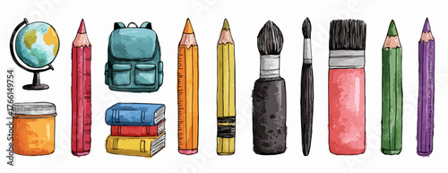 Una collezione di strumenti scolastici e artistici, inclusi matite, pennelli e libri, illustrata con vivaci acquerelli, che evoca creatività e apprendimento.