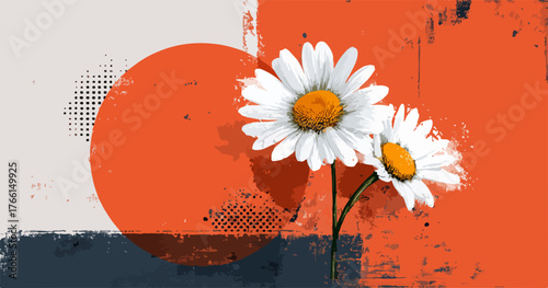 Un'illustrazione vettoriale artistica cattura la bellezza serena di due margherite in fiore, immerse in un vibrante paesaggio astratto con texture grunge.