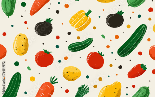 Un vivace e allegro motivo vettoriale senza soluzione di continuità di verdure fresche e colorate, ideale per sfondi e design legati a un'alimentazione sana.