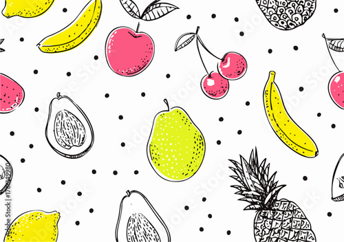 Illustrazione vettoriale di un dinamico motivo fruttato, con dettagli stilizzati e un tocco di colore, perfetto per un'estetica giocosa e naturale.