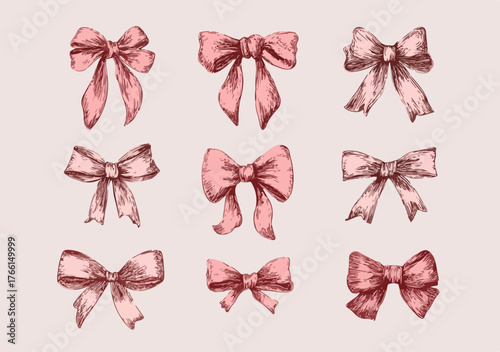 Una collezione artistica di nove fiocchi in stile vintage, disegnati a mano con delicate tonalità rosa, perfetti per decorazioni e packaging.