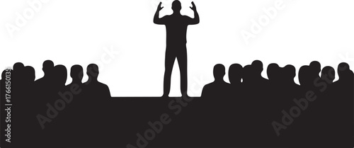  Silhouette of a speaker, presenter, or orator addressing a listening audience or crowd, symbolizing public speaking, leadership, and communication at a conference or event