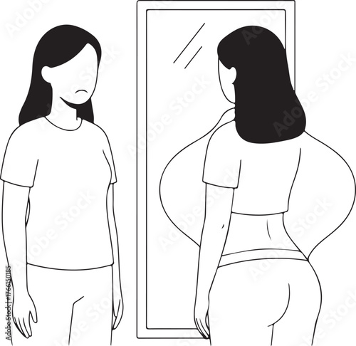 Woman looking in mirror with body image issues, seeing an idealized reflection, illustrating self-perception and dysmorphia.