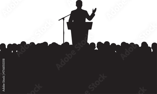 Silhouette of a Speaker Addressing a Crowd at a Podium with Microphone Public Speaking, Conference, or Presentation Event