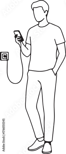  Man Charging Smartphone Line Art Illustration of a Person Using a Mobile Phone Connected to a Wall Socket for Power